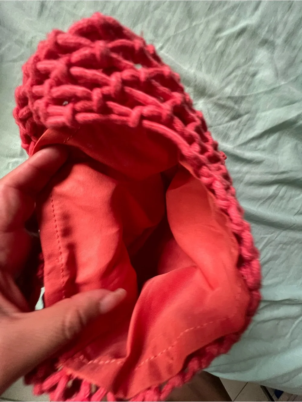 MEXICANA Handwoven Coral Pink Mesh Hobo Bag